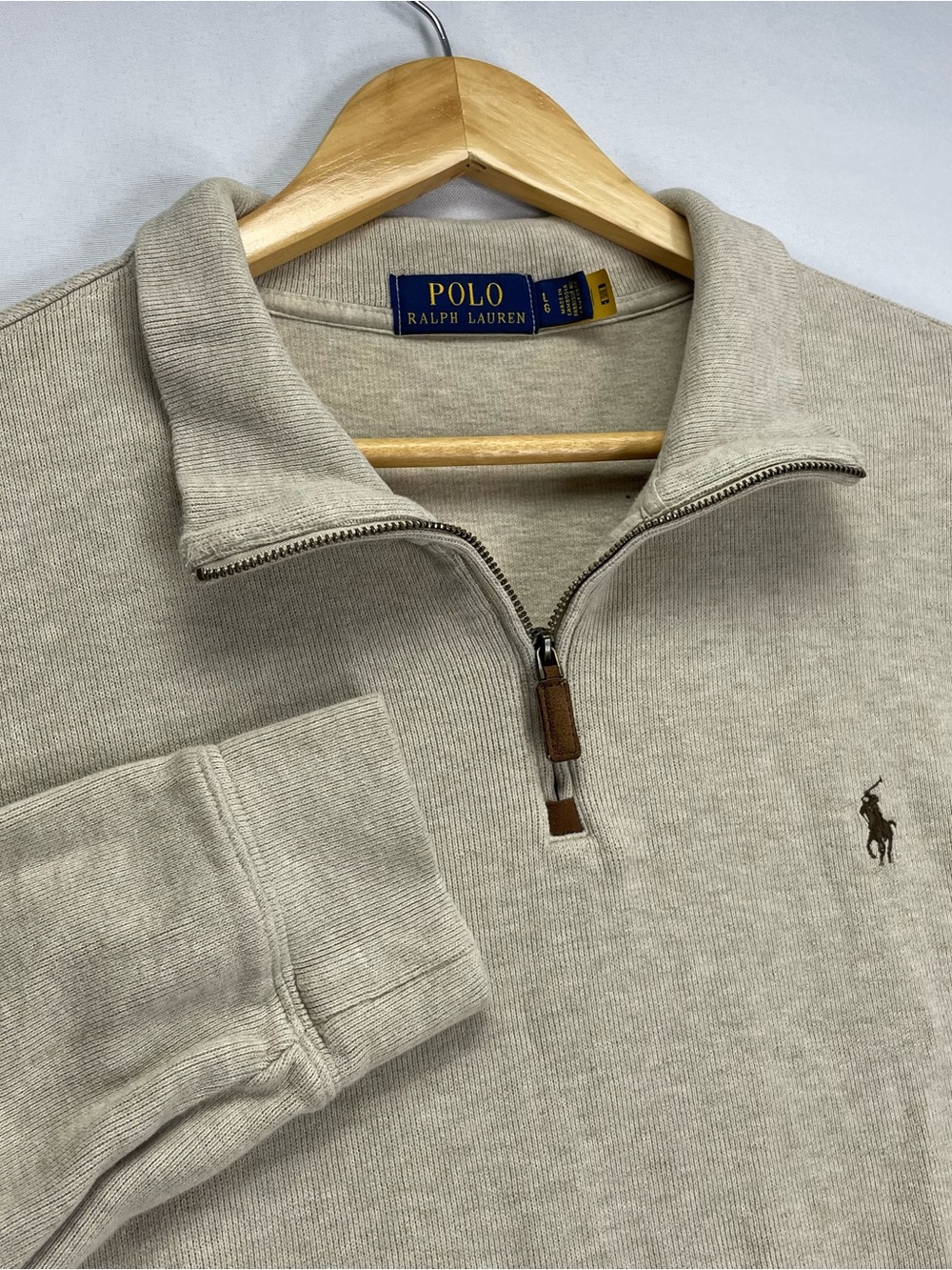 Polo Ralph Lauren 1/4 Zip Sweater Men’s L Beige Tan 100% Cotton Knit Quarter Zip